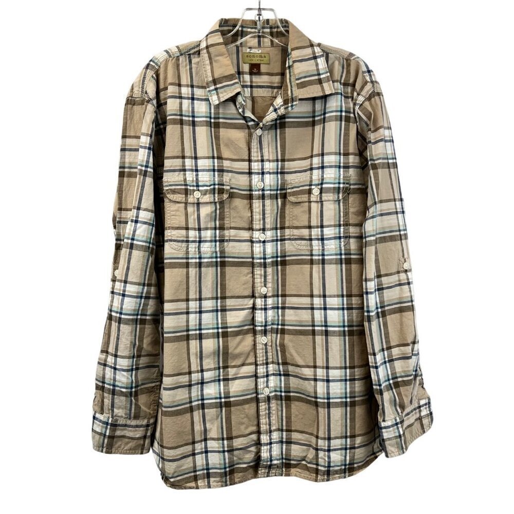 Sonoma Men’s Beige/Multi Plaid Button Down Shirt Long Roll Tab Sleeve XL